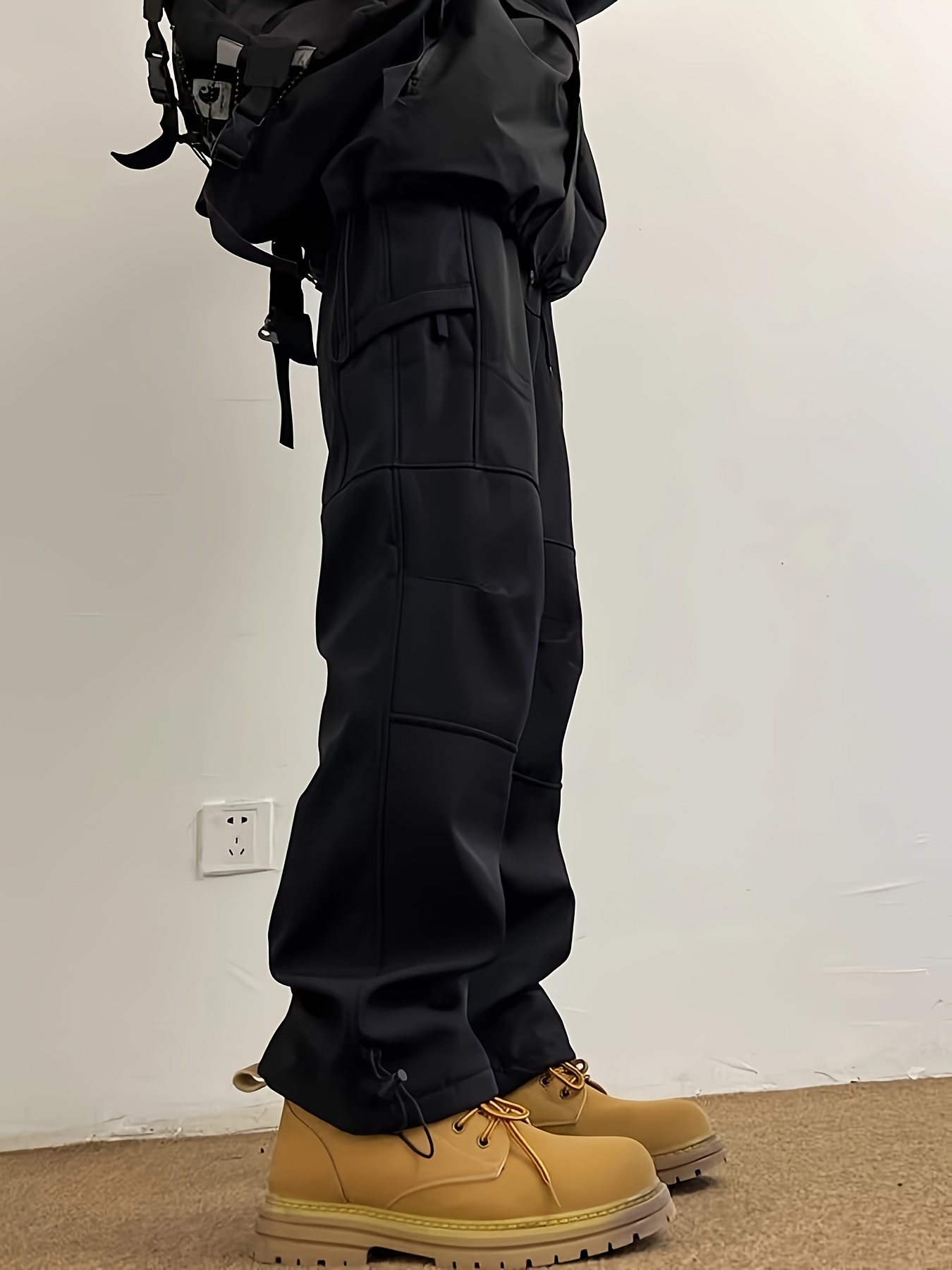 straight black   pants for men and women outdoor waterproof mountaineering wide leg pants loose casual large size overalls details 0