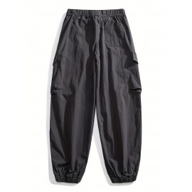 Men's Casual Nylon Cargo Pants with Multiple Pockets - Loose Fit, Solid Color for Spring/Fall Men's Casual Nylon Cargo Pants with Multiple Pockets - Loose Fit, Solid Color for Spring/Fall