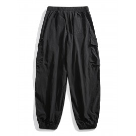 Men's Casual Nylon Cargo Pants with Multiple Pockets - Loose Fit, Solid Color for Spring/Fall Men's Casual Nylon Cargo Pants with Multiple Pockets - Loose Fit, Solid Color for Spring/Fall