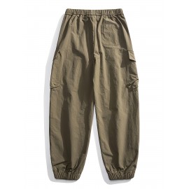 Men's Casual Nylon Cargo Pants with Multiple Pockets - Loose Fit, Solid Color for Spring/Fall Men's Casual Nylon Cargo Pants with Multiple Pockets - Loose Fit, Solid Color for Spring/Fall