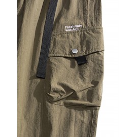 Men's Casual Nylon Cargo Pants with Multiple Pockets - Loose Fit, Solid Color for Spring/Fall Men's Casual Nylon Cargo Pants with Multiple Pockets - Loose Fit, Solid Color for Spring/Fall