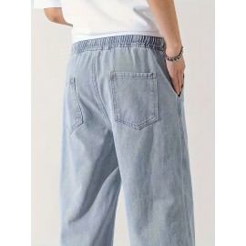 Men's Casual Light Blue Jeans, Loose Straight Trousers, Versatile Drawstring Elastic Waist Band Long Pants Men's Casual Light Blue Jeans, Loose Straight Trousers, Versatile Drawstring Elastic Waist Band Long Pants