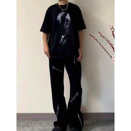Men'S High-Waisted Wide Leg Pants, Cotton Blend, Regular Fit, with Zipper Details, for All-Season Wear, Basics Style Flare Jeans Men'S High-Waisted Wide Leg Pants, Cotton Blend, Regular Fit, with Zipper Details, for All-Season Wear, Basics Style Flare Jeans