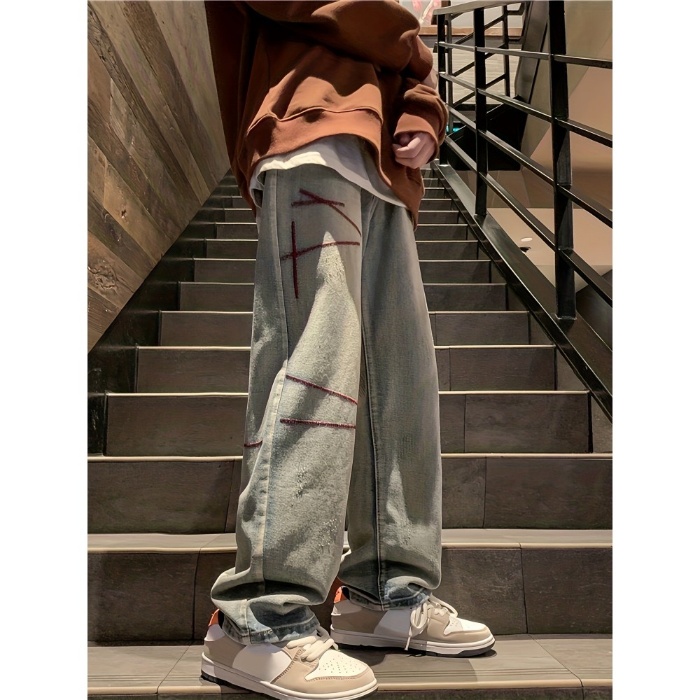 Men's Vintage Denim Jeans, Casual Streetwear Straight Leg Loose Pants For Outdoor Spring Fall Men's Vintage Denim Jeans, Casual Streetwear Straight Leg Loose Pants For Outdoor Spring Fall