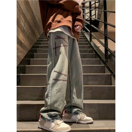 Men's Vintage Denim Jeans, Casual Streetwear Straight Leg Loose Pants For Outdoor Spring Fall Men's Vintage Denim Jeans, Casual Streetwear Straight Leg Loose Pants For Outdoor Spring Fall