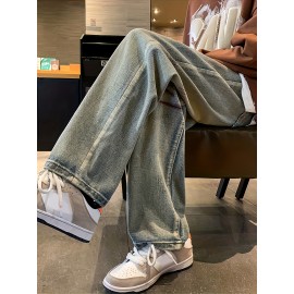 Men's Vintage Denim Jeans, Casual Streetwear Straight Leg Loose Pants For Outdoor Spring Fall Men's Vintage Denim Jeans, Casual Streetwear Straight Leg Loose Pants For Outdoor Spring Fall