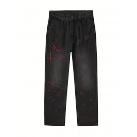 Men's Vintage Denim Jeans, Casual Streetwear Straight Leg Loose Pants For Outdoor Spring Fall Men's Vintage Denim Jeans, Casual Streetwear Straight Leg Loose Pants For Outdoor Spring Fall