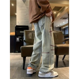 Men's Vintage Denim Jeans, Casual Streetwear Straight Leg Loose Pants For Outdoor Spring Fall Men's Vintage Denim Jeans, Casual Streetwear Straight Leg Loose Pants For Outdoor Spring Fall