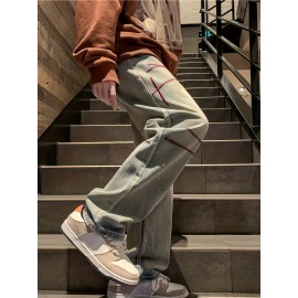 Men's Vintage Denim Jeans, Casual Streetwear Straight Leg Loose Pants For Outdoor Spring Fall Men's Vintage Denim Jeans, Casual Streetwear Straight Leg Loose Pants For Outdoor Spring Fall
