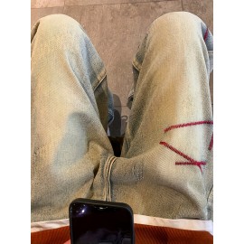 Men's Vintage Denim Jeans, Casual Streetwear Straight Leg Loose Pants For Outdoor Spring Fall Men's Vintage Denim Jeans, Casual Streetwear Straight Leg Loose Pants For Outdoor Spring Fall