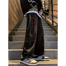 Men's Vintage Denim Jeans, Casual Streetwear Straight Leg Loose Pants For Outdoor Spring Fall Men's Vintage Denim Jeans, Casual Streetwear Straight Leg Loose Pants For Outdoor Spring Fall