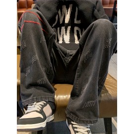 Men's Vintage Denim Jeans, Casual Streetwear Straight Leg Loose Pants For Outdoor Spring Fall Men's Vintage Denim Jeans, Casual Streetwear Straight Leg Loose Pants For Outdoor Spring Fall