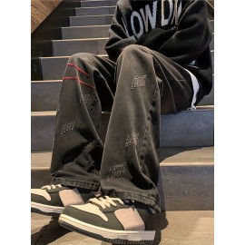 Men's Vintage Denim Jeans, Casual Streetwear Straight Leg Loose Pants For Outdoor Spring Fall Men's Vintage Denim Jeans, Casual Streetwear Straight Leg Loose Pants For Outdoor Spring Fall