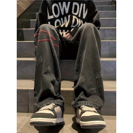 Men's Vintage Denim Jeans, Casual Streetwear Straight Leg Loose Pants For Outdoor Spring Fall Men's Vintage Denim Jeans, Casual Streetwear Straight Leg Loose Pants For Outdoor Spring Fall