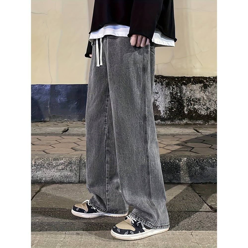 Men's Fashion Solid Loose Fit Straight Leg Jeans, Casual Street Style Denim Pants For Casual Daily Wear Men's Fashion Solid Loose Fit Straight Leg Jeans, Casual Street Style Denim Pants For Casual Daily Wear