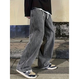 Men's Fashion Solid Loose Fit Straight Leg Jeans, Casual Street Style Denim Pants For Casual Daily Wear Men's Fashion Solid Loose Fit Straight Leg Jeans, Casual Street Style Denim Pants For Casual Daily Wear