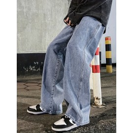 Men's Fashion Solid Loose Fit Straight Leg Jeans, Casual Street Style Denim Pants For Casual Daily Wear Men's Fashion Solid Loose Fit Straight Leg Jeans, Casual Street Style Denim Pants For Casual Daily Wear