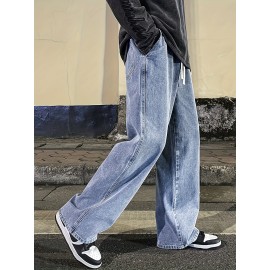 Men's Fashion Solid Loose Fit Straight Leg Jeans, Casual Street Style Denim Pants For Casual Daily Wear Men's Fashion Solid Loose Fit Straight Leg Jeans, Casual Street Style Denim Pants For Casual Daily Wear