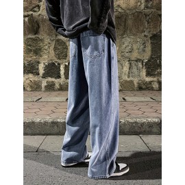Men's Fashion Solid Loose Fit Straight Leg Jeans, Casual Street Style Denim Pants For Casual Daily Wear Men's Fashion Solid Loose Fit Straight Leg Jeans, Casual Street Style Denim Pants For Casual Daily Wear
