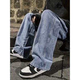 Men's Fashion Solid Loose Fit Straight Leg Jeans, Casual Street Style Denim Pants For Casual Daily Wear Men's Fashion Solid Loose Fit Straight Leg Jeans, Casual Street Style Denim Pants For Casual Daily Wear