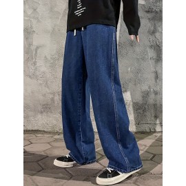 Men's Fashion Solid Loose Fit Straight Leg Jeans, Casual Street Style Denim Pants For Casual Daily Wear Men's Fashion Solid Loose Fit Straight Leg Jeans, Casual Street Style Denim Pants For Casual Daily Wear
