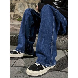 Men's Fashion Solid Loose Fit Straight Leg Jeans, Casual Street Style Denim Pants For Casual Daily Wear Men's Fashion Solid Loose Fit Straight Leg Jeans, Casual Street Style Denim Pants For Casual Daily Wear