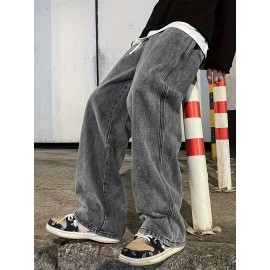 Men's Fashion Solid Loose Fit Straight Leg Jeans, Casual Street Style Denim Pants For Casual Daily Wear Men's Fashion Solid Loose Fit Straight Leg Jeans, Casual Street Style Denim Pants For Casual Daily Wear