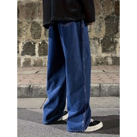 Men's Fashion Solid Loose Fit Straight Leg Jeans, Casual Street Style Denim Pants For Casual Daily Wear Men's Fashion Solid Loose Fit Straight Leg Jeans, Casual Street Style Denim Pants For Casual Daily Wear