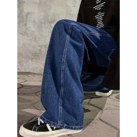 Men's Fashion Solid Loose Fit Straight Leg Jeans, Casual Street Style Denim Pants For Casual Daily Wear Men's Fashion Solid Loose Fit Straight Leg Jeans, Casual Street Style Denim Pants For Casual Daily Wear