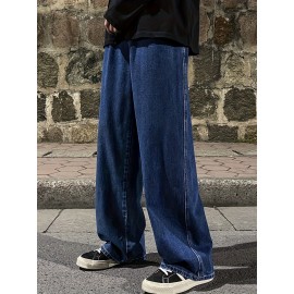 Men's Fashion Solid Loose Fit Straight Leg Jeans, Casual Street Style Denim Pants For Casual Daily Wear Men's Fashion Solid Loose Fit Straight Leg Jeans, Casual Street Style Denim Pants For Casual Daily Wear