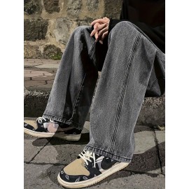 Men's Fashion Solid Loose Fit Straight Leg Jeans, Casual Street Style Denim Pants For Casual Daily Wear Men's Fashion Solid Loose Fit Straight Leg Jeans, Casual Street Style Denim Pants For Casual Daily Wear