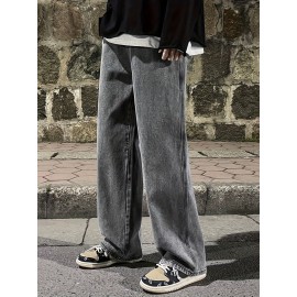 Men's Fashion Solid Loose Fit Straight Leg Jeans, Casual Street Style Denim Pants For Casual Daily Wear Men's Fashion Solid Loose Fit Straight Leg Jeans, Casual Street Style Denim Pants For Casual Daily Wear