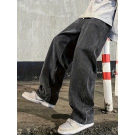 Men's Fashion Solid Loose Fit Straight Leg Jeans, Casual Street Style Denim Pants For Casual Daily Wear Men's Fashion Solid Loose Fit Straight Leg Jeans, Casual Street Style Denim Pants For Casual Daily Wear