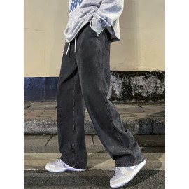 Men's Fashion Solid Loose Fit Straight Leg Jeans, Casual Street Style Denim Pants For Casual Daily Wear Men's Fashion Solid Loose Fit Straight Leg Jeans, Casual Street Style Denim Pants For Casual Daily Wear