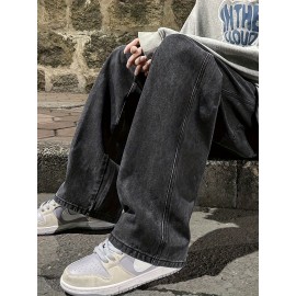 Men's Fashion Solid Loose Fit Straight Leg Jeans, Casual Street Style Denim Pants For Casual Daily Wear Men's Fashion Solid Loose Fit Straight Leg Jeans, Casual Street Style Denim Pants For Casual Daily Wear