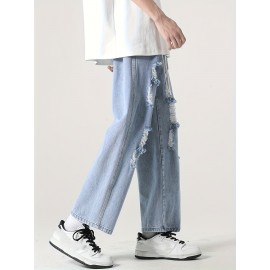 Cotton Blend Ripped Jeans for Adults - Casual Straight-Leg Cropped Pants with Distressed Detail, Non-Stretch Solid Color Summer Denim, Korean Style Hip Hop Fashion Cotton Blend Ripped Jeans for Adults - Casual Straight-Leg Cropped Pants with Distressed Detail, Non-Stretch Solid Color Summer Denim, Korean Style Hip Hop Fashion