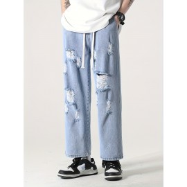 Cotton Blend Ripped Jeans for Adults - Casual Straight-Leg Cropped Pants with Distressed Detail, Non-Stretch Solid Color Summer Denim, Korean Style Hip Hop Fashion Cotton Blend Ripped Jeans for Adults - Casual Straight-Leg Cropped Pants with Distressed Detail, Non-Stretch Solid Color Summer Denim, Korean Style Hip Hop Fashion