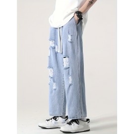 Cotton Blend Ripped Jeans for Adults - Casual Straight-Leg Cropped Pants with Distressed Detail, Non-Stretch Solid Color Summer Denim, Korean Style Hip Hop Fashion Cotton Blend Ripped Jeans for Adults - Casual Straight-Leg Cropped Pants with Distressed Detail, Non-Stretch Solid Color Summer Denim, Korean Style Hip Hop Fashion