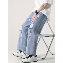 Cotton Blend Ripped Jeans for Adults - Casual Straight-Leg Cropped Pants with Distressed Detail, Non-Stretch Solid Color Summer Denim, Korean Style Hip Hop Fashion Cotton Blend Ripped Jeans for Adults - Casual Straight-Leg Cropped Pants with Distressed Detail, Non-Stretch Solid Color Summer Denim, Korean Style Hip Hop Fashion
