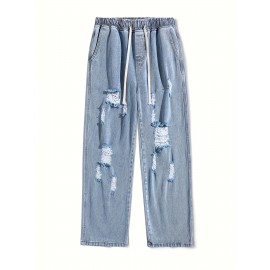 Cotton Blend Ripped Jeans for Adults - Casual Straight-Leg Cropped Pants with Distressed Detail, Non-Stretch Solid Color Summer Denim, Korean Style Hip Hop Fashion Cotton Blend Ripped Jeans for Adults - Casual Straight-Leg Cropped Pants with Distressed Detail, Non-Stretch Solid Color Summer Denim, Korean Style Hip Hop Fashion