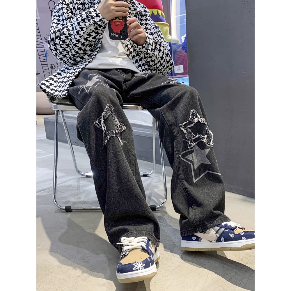 Vintage Men's Korean Denim Pants Y2K Cltohes Streetwear Printed Patchwork Male Baggy Jeans Straight Trousers Vintage Men's Korean Denim Pants Y2K Cltohes Streetwear Printed Patchwork Male Baggy Jeans Straight Trousers