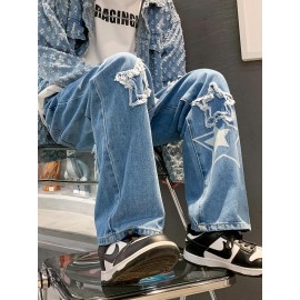 Vintage Men's Korean Denim Pants Y2K Cltohes Streetwear Printed Patchwork Male Baggy Jeans Straight Trousers Vintage Men's Korean Denim Pants Y2K Cltohes Streetwear Printed Patchwork Male Baggy Jeans Straight Trousers