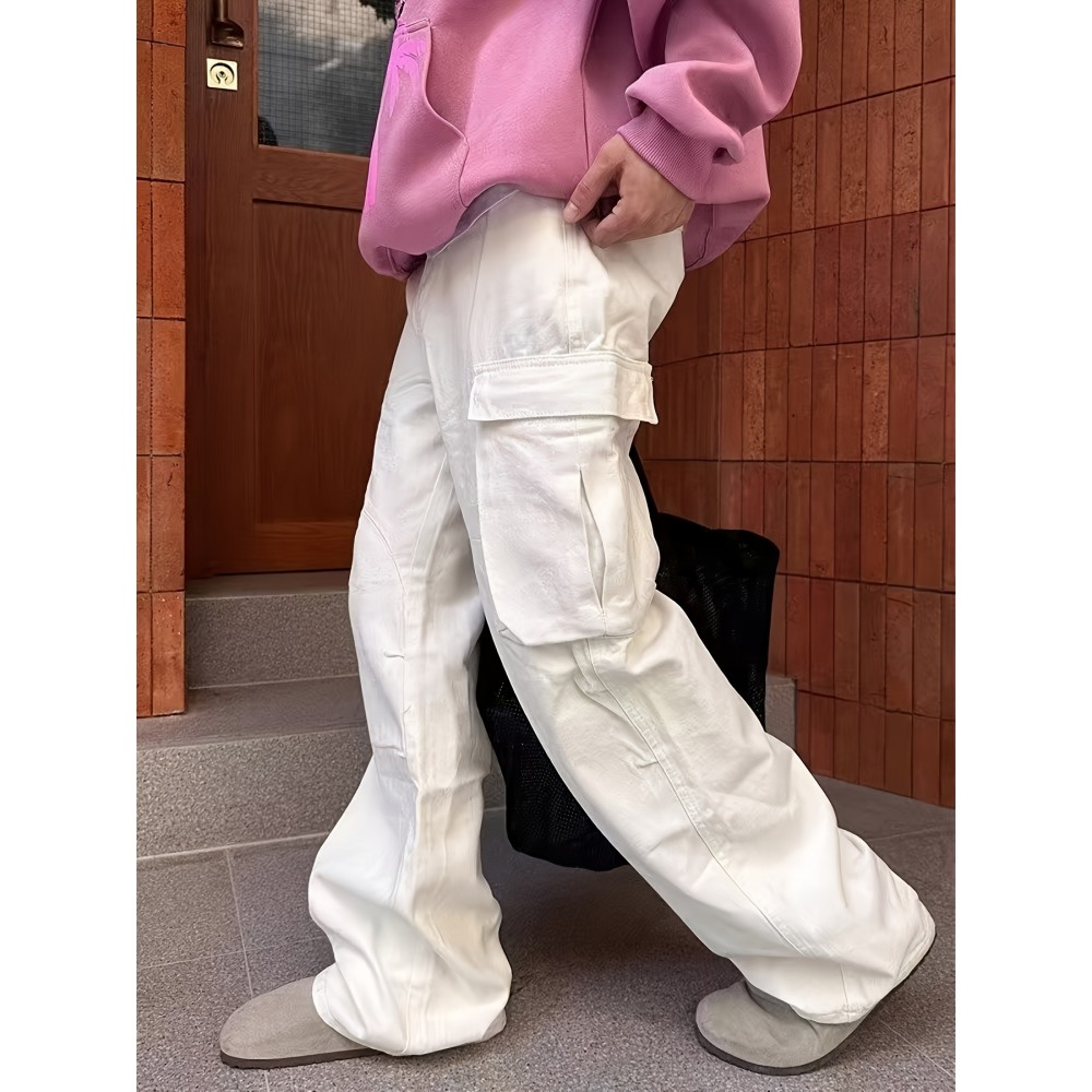 Men's Trendy White Cargo Jeans - Straight Leg, Multi-Pocket Design, Cotton Blend, Machine Washable Men's Trendy White Cargo Jeans - Straight Leg, Multi-Pocket Design, Cotton Blend, Machine Washable