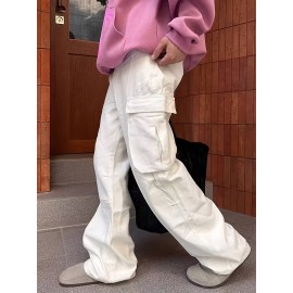 Men's Trendy White Cargo Jeans - Straight Leg, Multi-Pocket Design, Cotton Blend, Machine Washable Men's Trendy White Cargo Jeans - Straight Leg, Multi-Pocket Design, Cotton Blend, Machine Washable