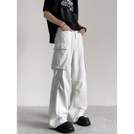 Men's Trendy White Cargo Jeans - Straight Leg, Multi-Pocket Design, Cotton Blend, Machine Washable Men's Trendy White Cargo Jeans - Straight Leg, Multi-Pocket Design, Cotton Blend, Machine Washable