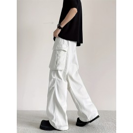 Men's Trendy White Cargo Jeans - Straight Leg, Multi-Pocket Design, Cotton Blend, Machine Washable Men's Trendy White Cargo Jeans - Straight Leg, Multi-Pocket Design, Cotton Blend, Machine Washable