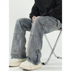 Men's Solid Denim Barrel Pants With Pockets, Vintage Style Cotton Blend Split Jeans For Spring Fall Outdoor Activities Men's Solid Denim Barrel Pants With Pockets, Vintage Style Cotton Blend Split Jeans For Spring Fall Outdoor Activities