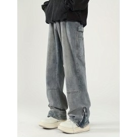 Men's Solid Denim Barrel Pants With Pockets, Vintage Style Cotton Blend Split Jeans For Spring Fall Outdoor Activities Men's Solid Denim Barrel Pants With Pockets, Vintage Style Cotton Blend Split Jeans For Spring Fall Outdoor Activities
