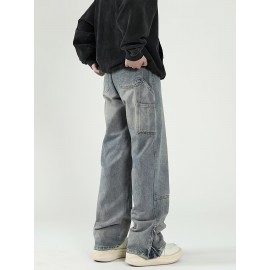 Men's Solid Denim Barrel Pants With Pockets, Vintage Style Cotton Blend Split Jeans For Spring Fall Outdoor Activities Men's Solid Denim Barrel Pants With Pockets, Vintage Style Cotton Blend Split Jeans For Spring Fall Outdoor Activities