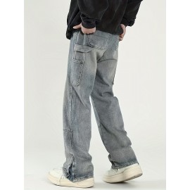 Men's Solid Denim Barrel Pants With Pockets, Vintage Style Cotton Blend Split Jeans For Spring Fall Outdoor Activities Men's Solid Denim Barrel Pants With Pockets, Vintage Style Cotton Blend Split Jeans For Spring Fall Outdoor Activities